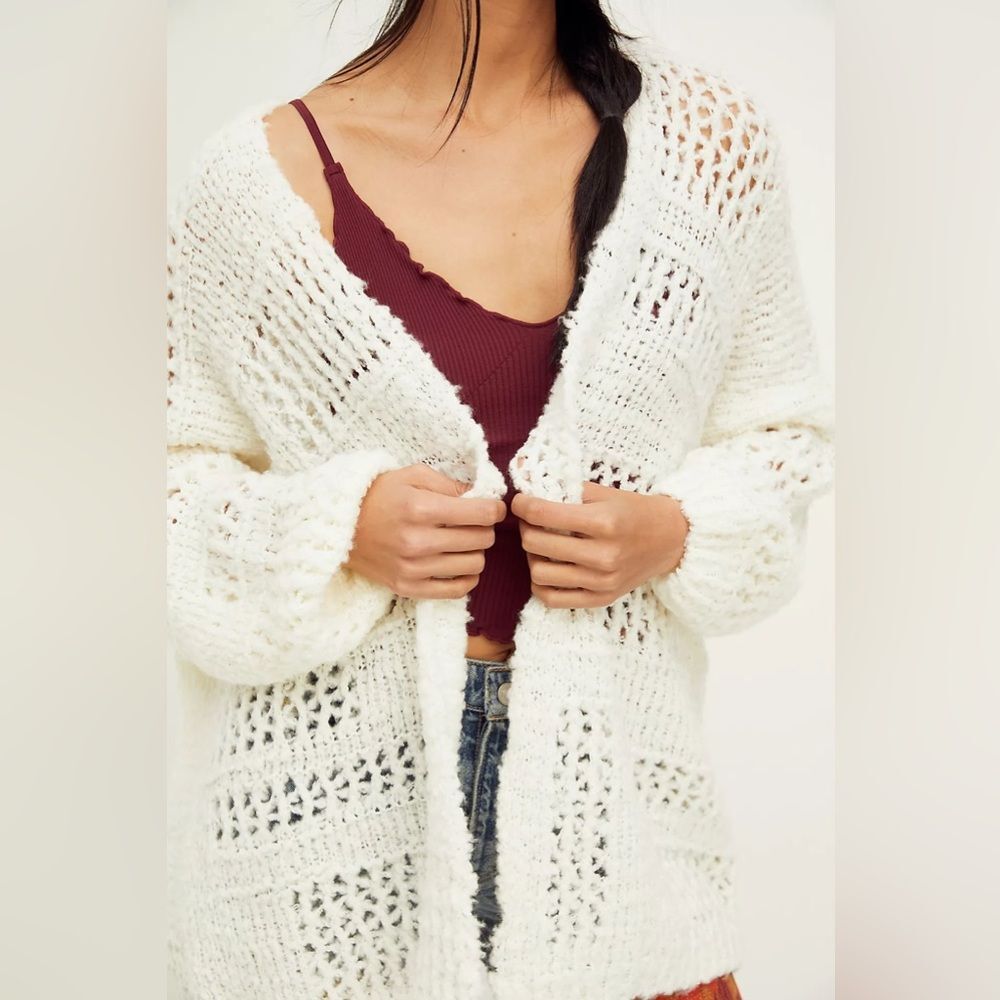 Free People Saturday Morning Cardi in Evening Cream Open-Knit Cardigan Sweater